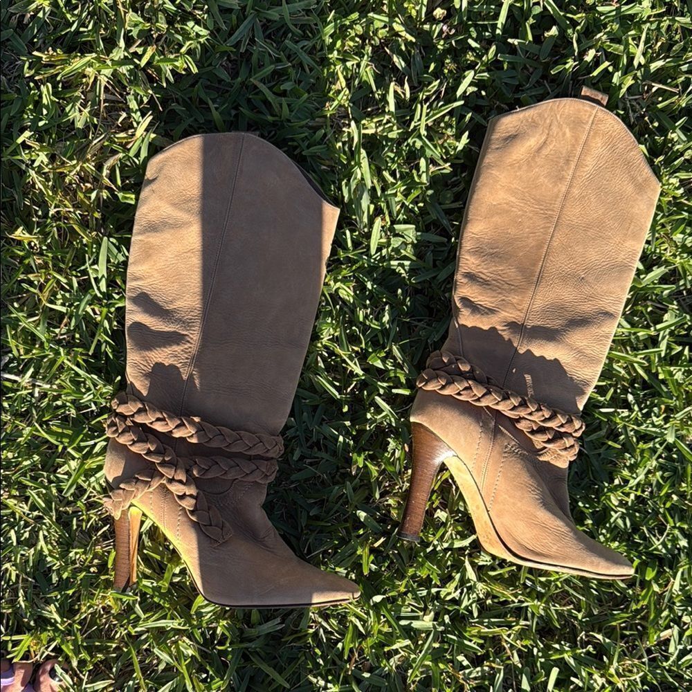 Tan Heeled Boots - Long Boots - Braided - Like New - Manolo Blahnik - Picture 2 of 5